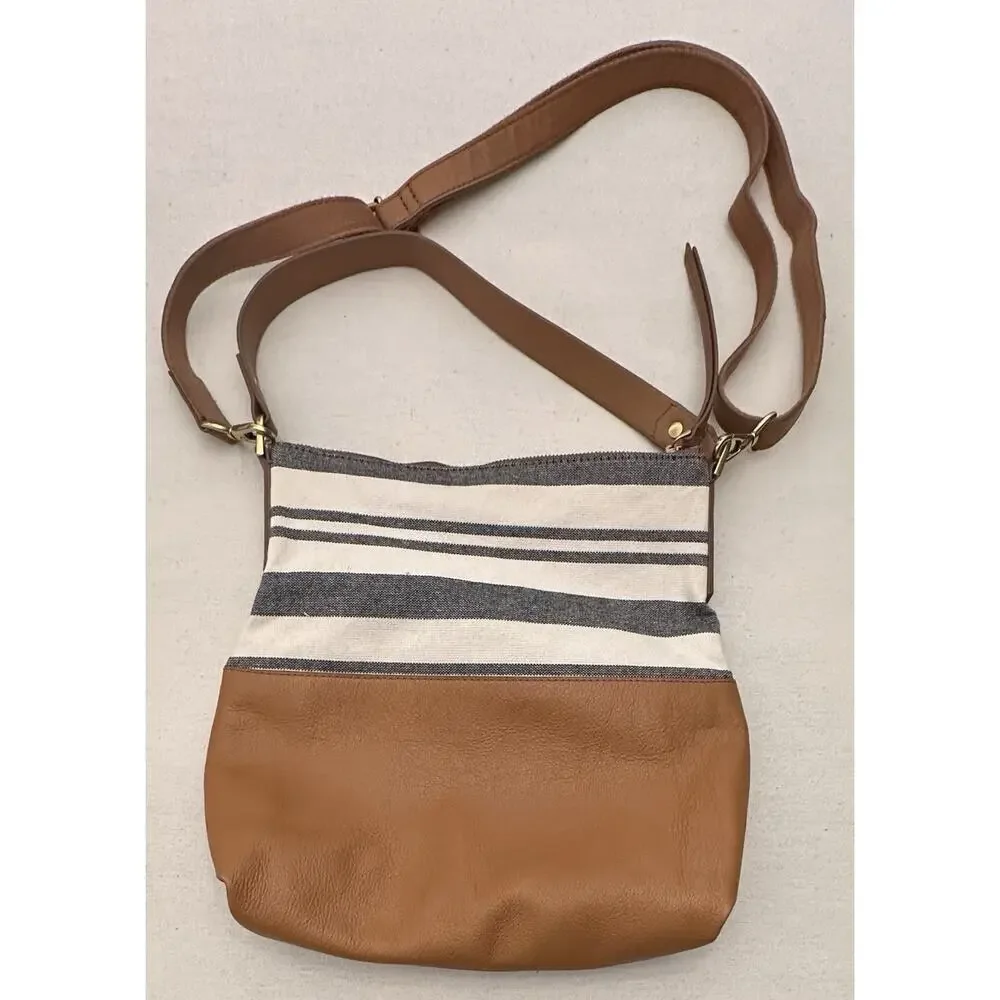 Fossil Amelia Hobo Crossbody Shoulder Bag Brown Leather With Stripe Fabric